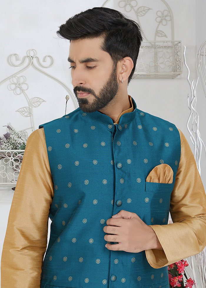 Blue Full Sleeves Mandarin Collar Waistcoat