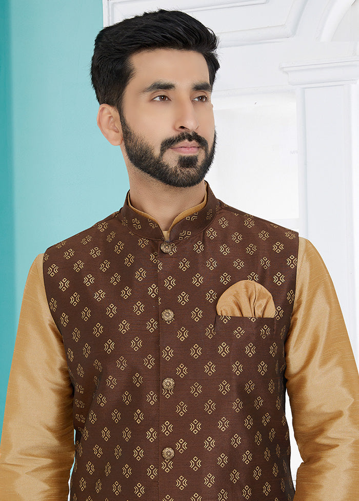 Brown Full Sleeves Mandarin Collar Waistcoat