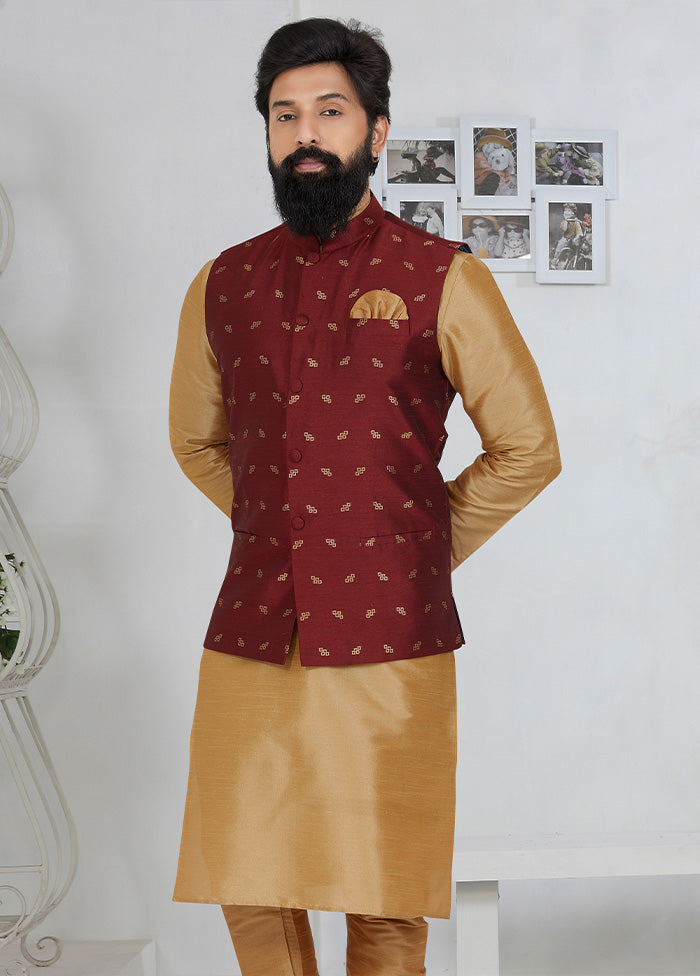 Maroon Full Sleeves Mandarin Collar Waistcoat