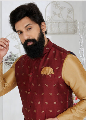 Maroon Full Sleeves Mandarin Collar Waistcoat