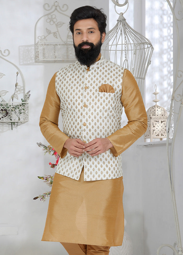 White Full Sleeves Mandarin Collar Waistcoat