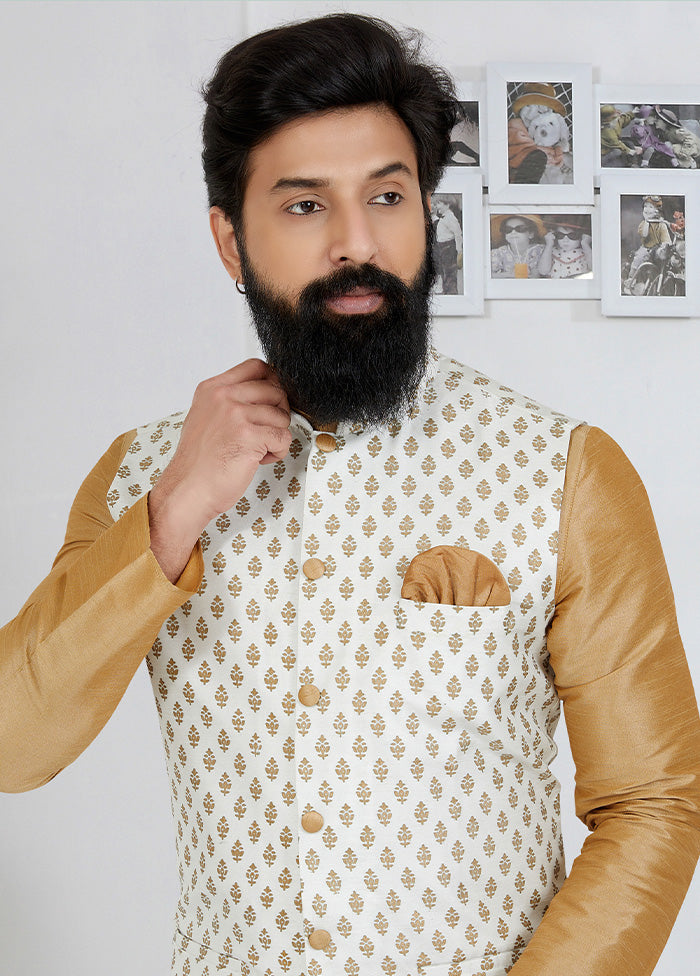 White Full Sleeves Mandarin Collar Waistcoat