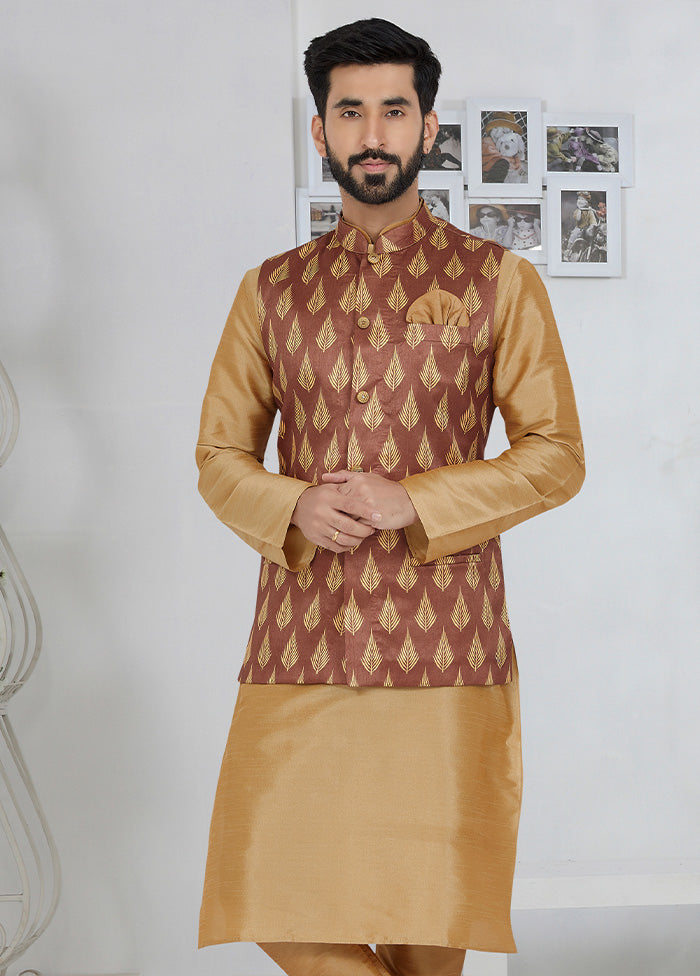 Light Brown Full Sleeves Mandarin Collar Waistcoat