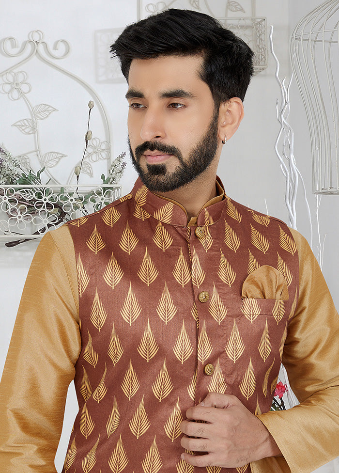 Light Brown Full Sleeves Mandarin Collar Waistcoat - Indian Silk House Agencies