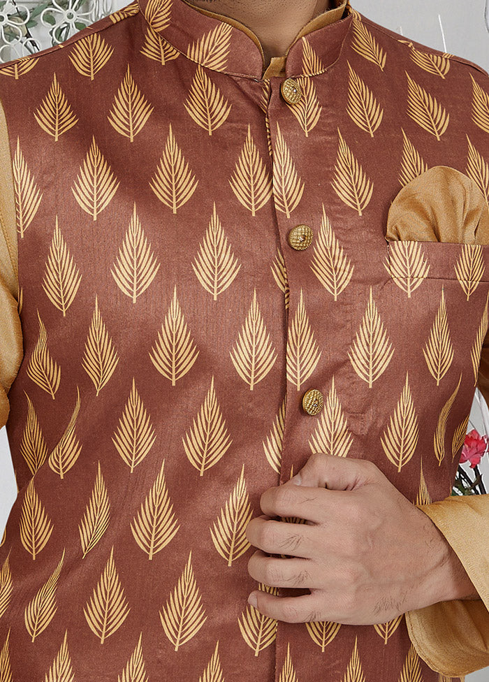 Light Brown Full Sleeves Mandarin Collar Waistcoat - Indian Silk House Agencies