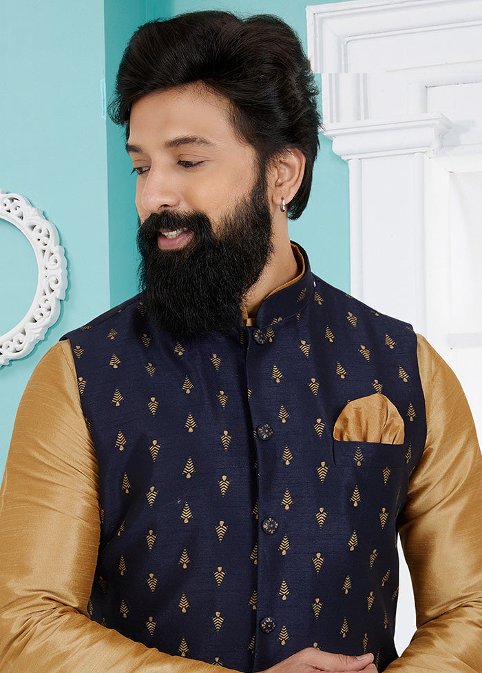 Navy Blue Full Sleeves Mandarin Collar Waistcoat - Indian Silk House Agencies