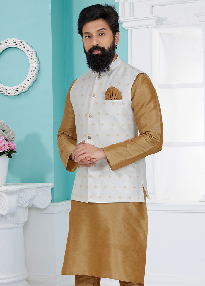 White Full Sleeves Mandarin Collar Waistcoat - Indian Silk House Agencies