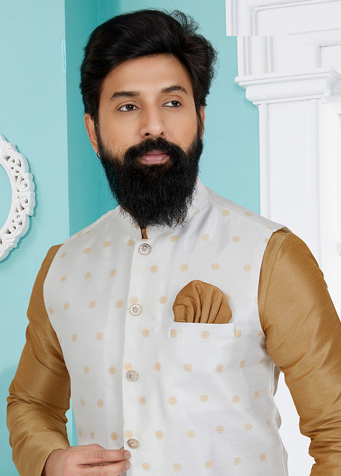 White Full Sleeves Mandarin Collar Waistcoat - Indian Silk House Agencies