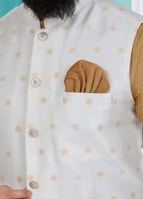 White Full Sleeves Mandarin Collar Waistcoat - Indian Silk House Agencies