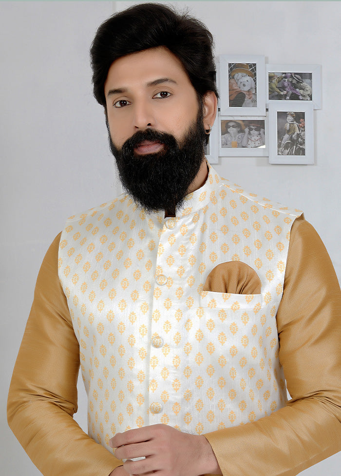 White Full Sleeves Mandarin Collar Waistcoat