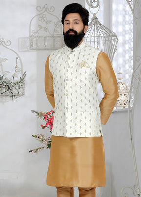 White Full Sleeves Mandarin Collar Waistcoat