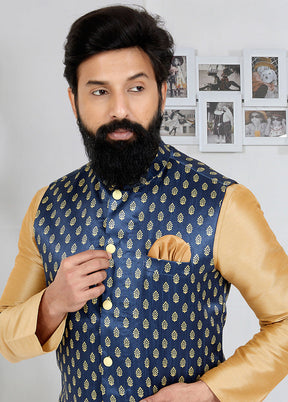 Navy Blue Full Sleeves Mandarin Collar Waistcoat - Indian Silk House Agencies