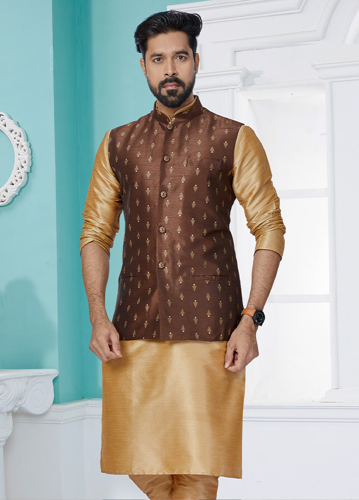 Brown Full Sleeves Mandarin Collar Waistcoat - Indian Silk House Agencies