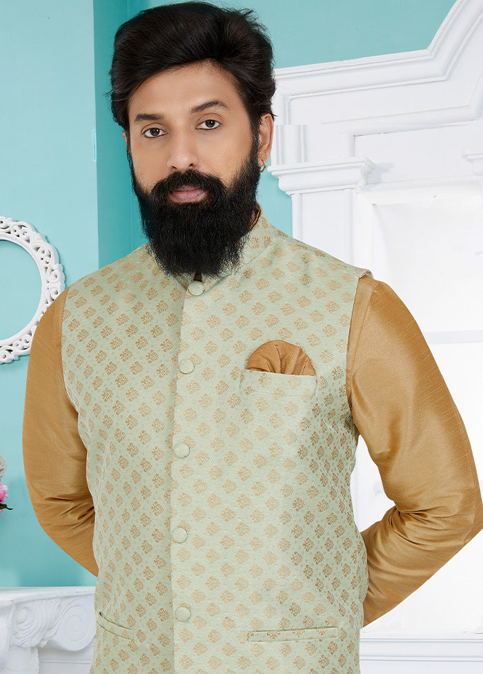 Pista Green Full Sleeves Mandarin Collar Waistcoat