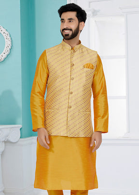 Light Yellow Full Sleeves Mandarin Collar Waistcoat - Indian Silk House Agencies