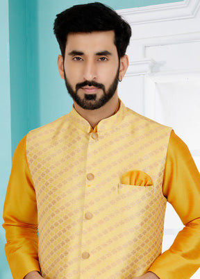 Light Yellow Full Sleeves Mandarin Collar Waistcoat - Indian Silk House Agencies