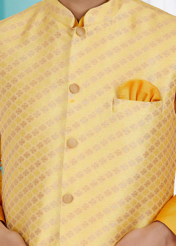 Light Yellow Full Sleeves Mandarin Collar Waistcoat - Indian Silk House Agencies