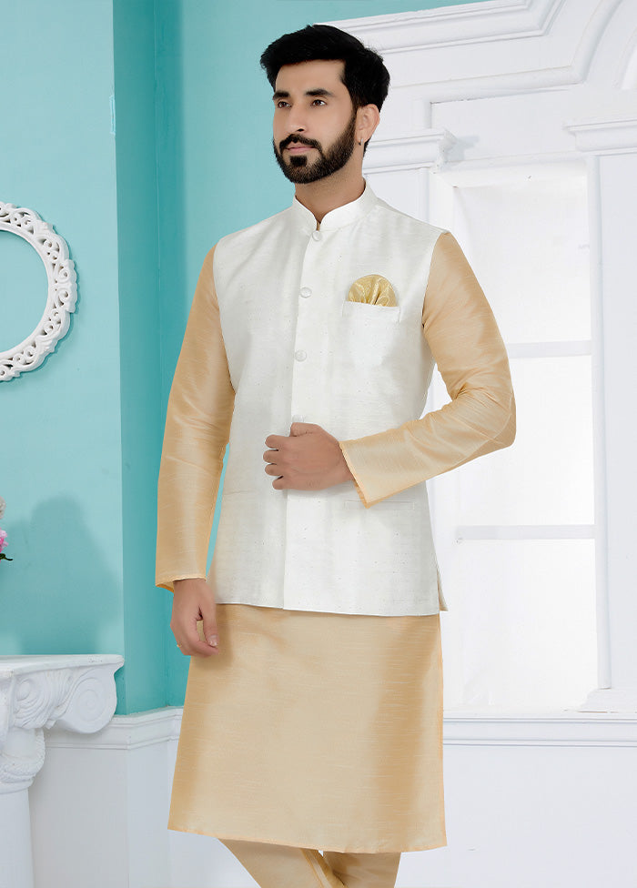 White Full Sleeves Mandarin Collar Waistcoat - Indian Silk House Agencies