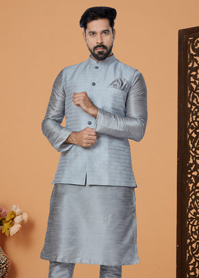 Grey Full Sleeves Mandarin Collar Waistcoat