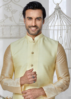 Yellow Full Sleeves Mandarin Collar Waistcoat - Indian Silk House Agencies