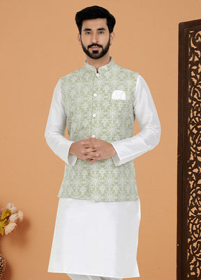 Pista Green Full Sleeves Mandarin Collar Waistcoat