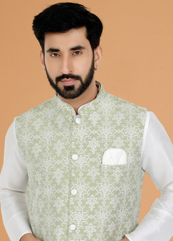 Pista Green Full Sleeves Mandarin Collar Waistcoat