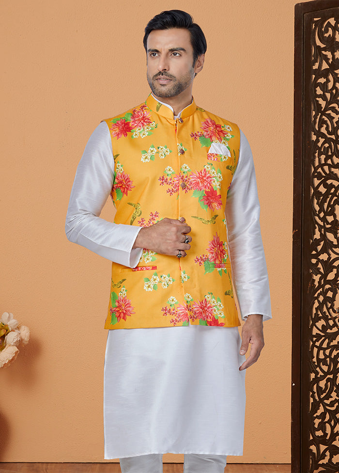 Mustard Full Sleeves Mandarin Collar Waistcoat