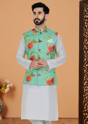 Mint Green Full Sleeves Mandarin Collar Waistcoat - Indian Silk House Agencies