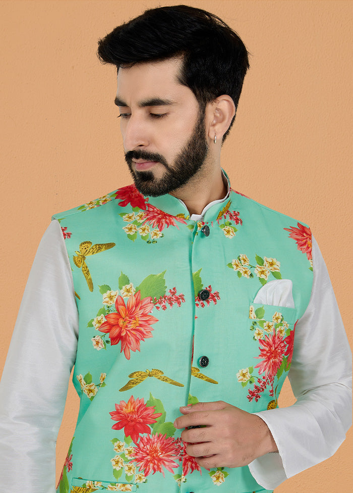 Mint Green Full Sleeves Mandarin Collar Waistcoat