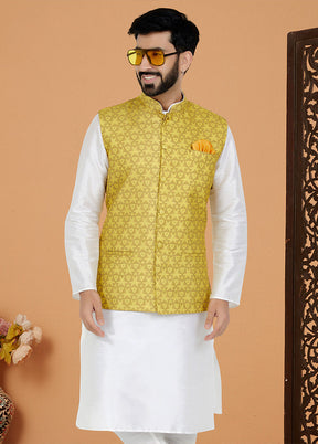 Yellow Full Sleeves Mandarin Collar Waistcoat - Indian Silk House Agencies