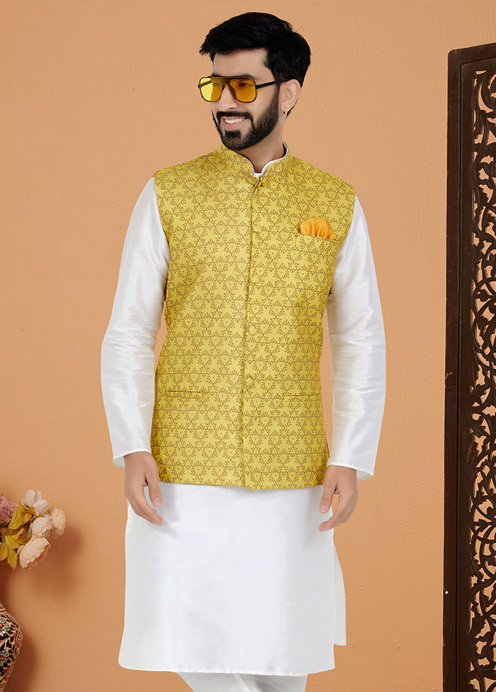 Yellow Full Sleeves Mandarin Collar Waistcoat