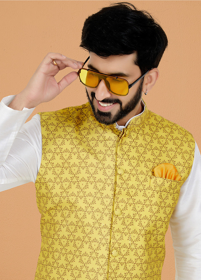 Yellow Full Sleeves Mandarin Collar Waistcoat