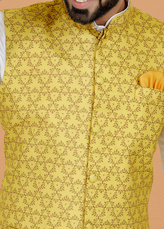 Yellow Full Sleeves Mandarin Collar Waistcoat - Indian Silk House Agencies