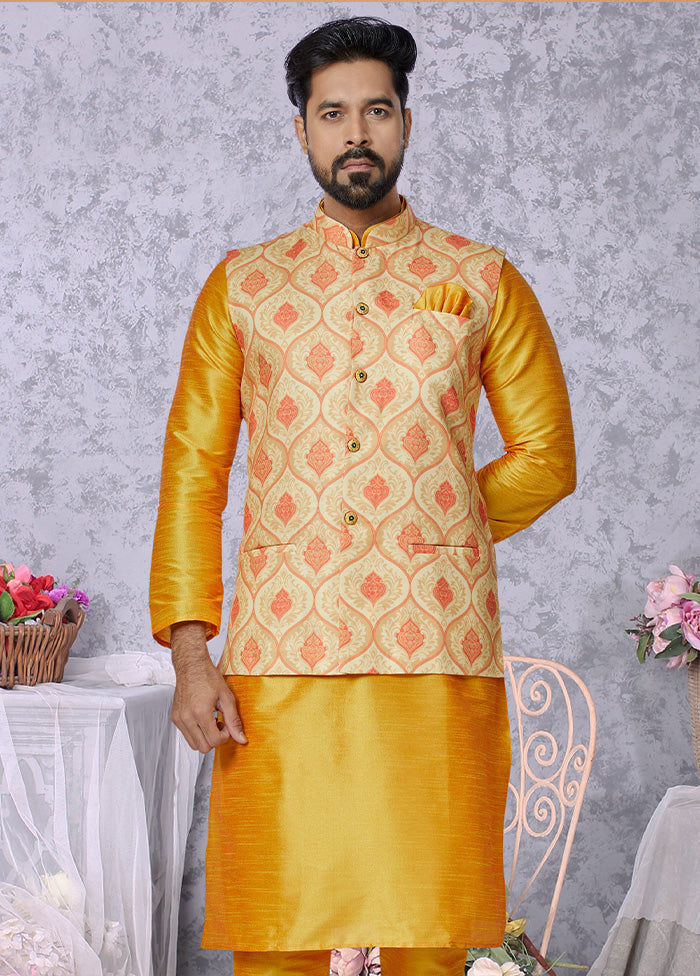 Yellow Full Sleeves Mandarin Collar Waistcoat