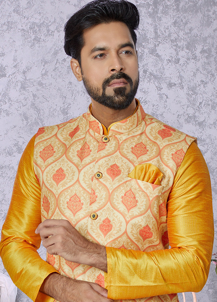 Yellow Full Sleeves Mandarin Collar Waistcoat