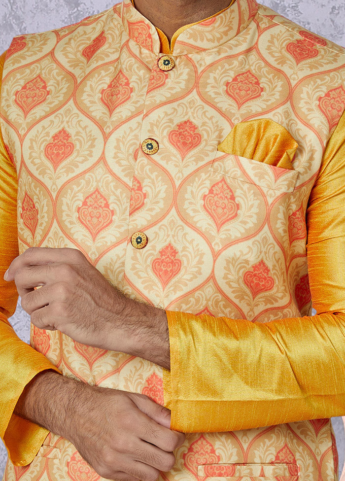 Yellow Full Sleeves Mandarin Collar Waistcoat - Indian Silk House Agencies