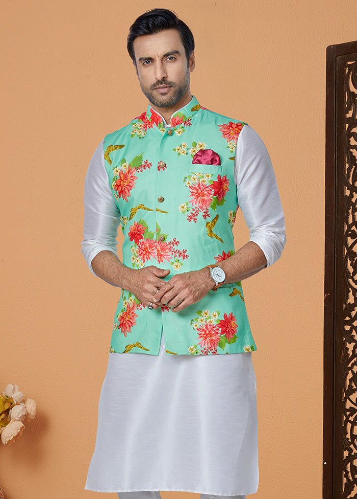 Mint Green Full Sleeves Mandarin Collar Waistcoat - Indian Silk House Agencies