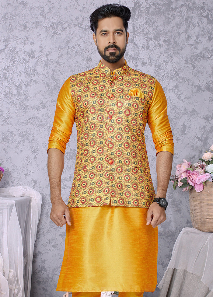 Yellow Full Sleeves Mandarin Collar Waistcoat