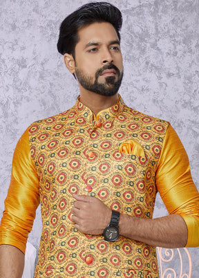 Yellow Full Sleeves Mandarin Collar Waistcoat