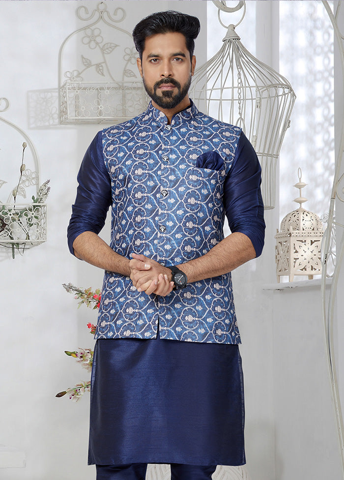 Blue Full Sleeves Mandarin Collar Waistcoat