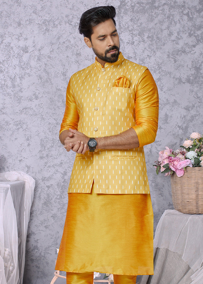 Yellow Full Sleeves Mandarin Collar Waistcoat