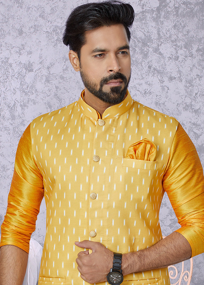 Yellow Full Sleeves Mandarin Collar Waistcoat