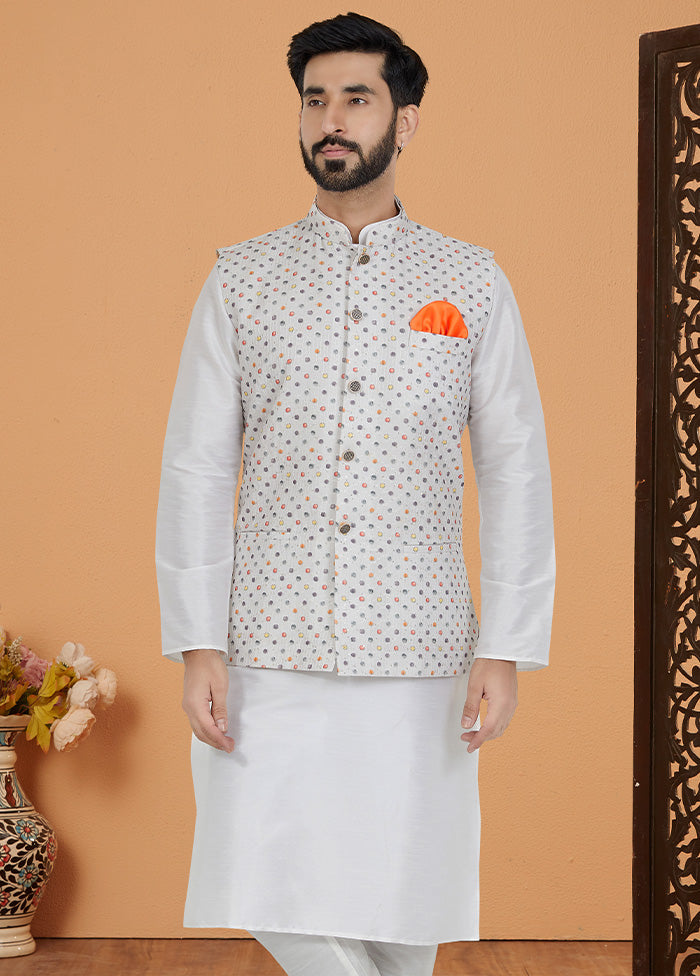 White Full Sleeves Mandarin Collar Waistcoat