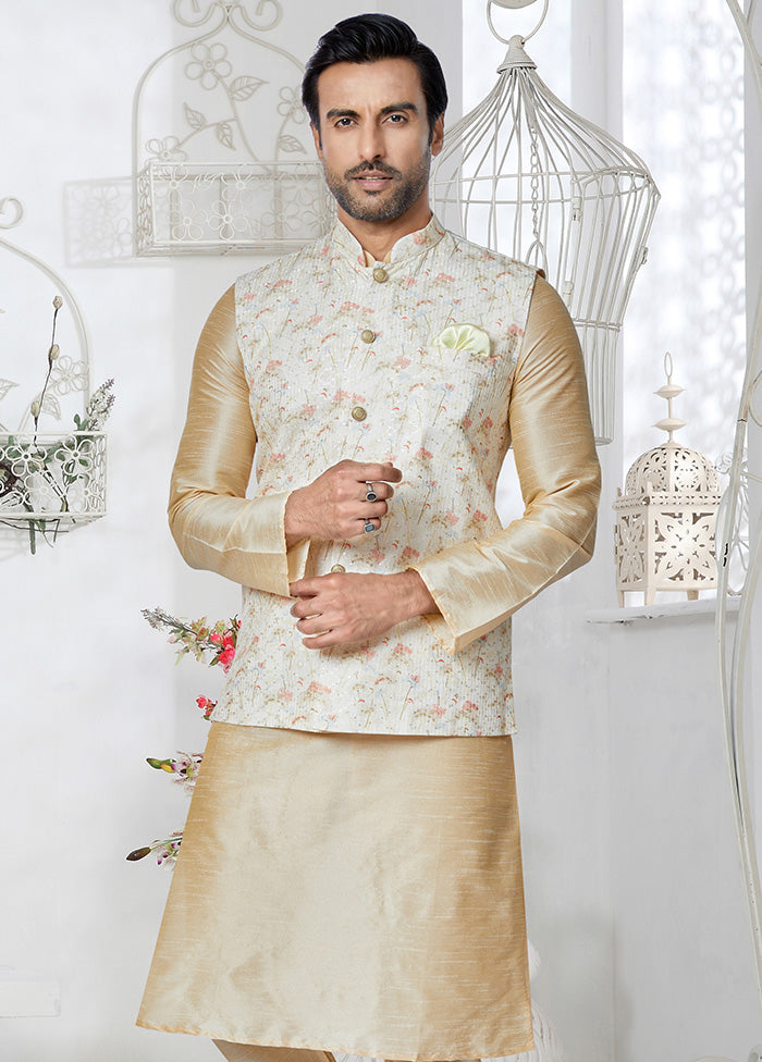 Cream Full Sleeves Mandarin Collar Waistcoat