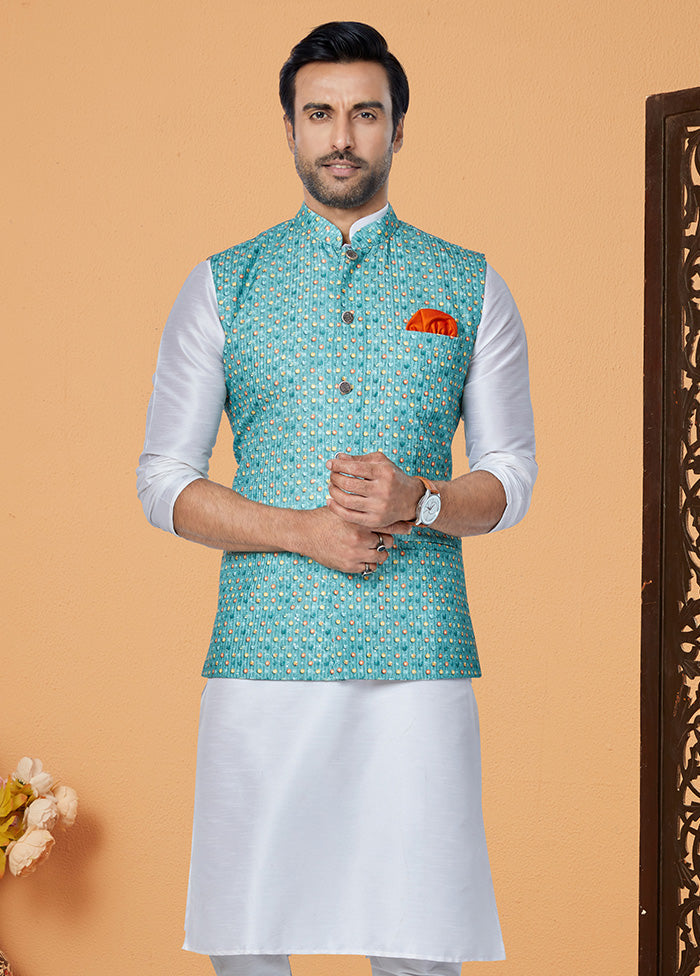 Blue Full Sleeves Mandarin Collar Waistcoat