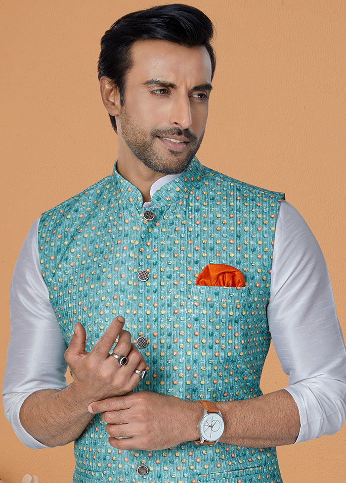 Blue Full Sleeves Mandarin Collar Waistcoat