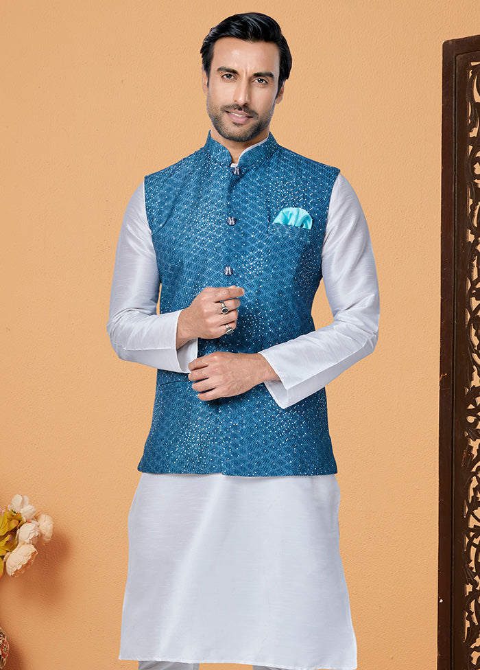 Blue Full Sleeves Mandarin Collar Waistcoat