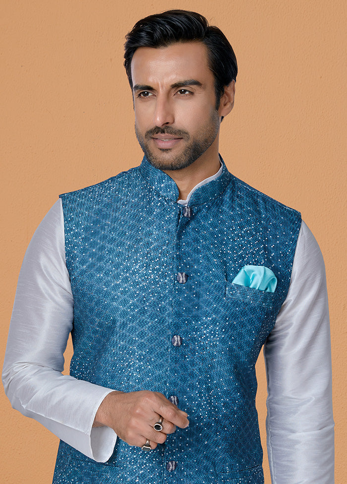 Blue Full Sleeves Mandarin Collar Waistcoat