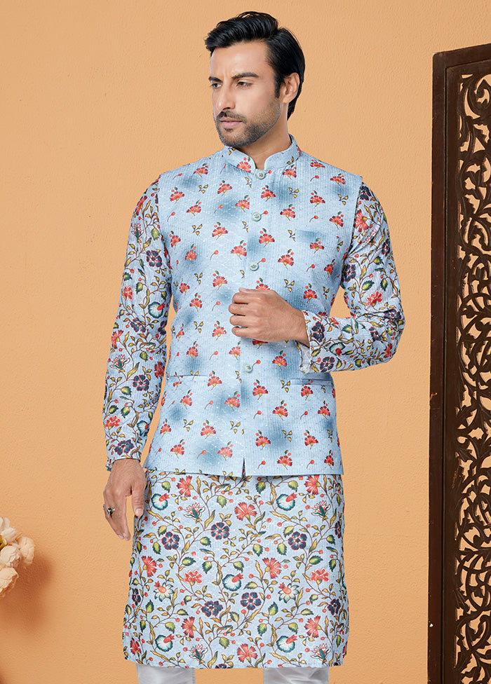 Sky Blue Full Sleeves Mandarin Collar Waistcoat