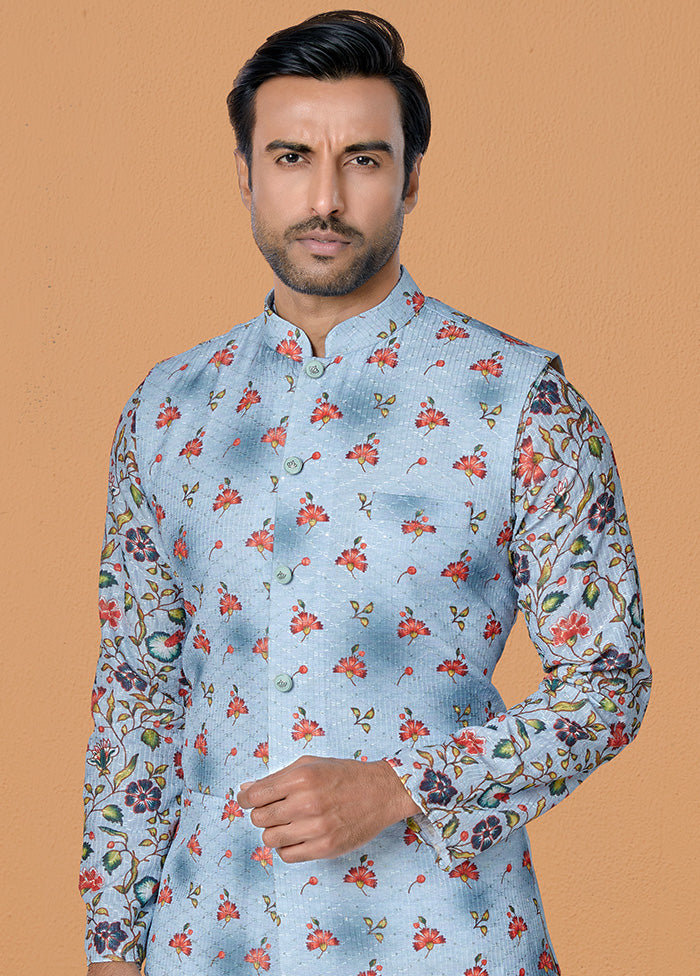 Sky Blue Full Sleeves Mandarin Collar Waistcoat - Indian Silk House Agencies